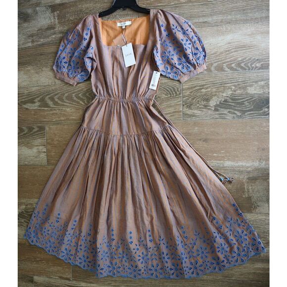 Joie Women's Sz XS Light Brown/Blue Nashua Eyelet Maxi Fit & Flare Dress - Picture 1 of 14